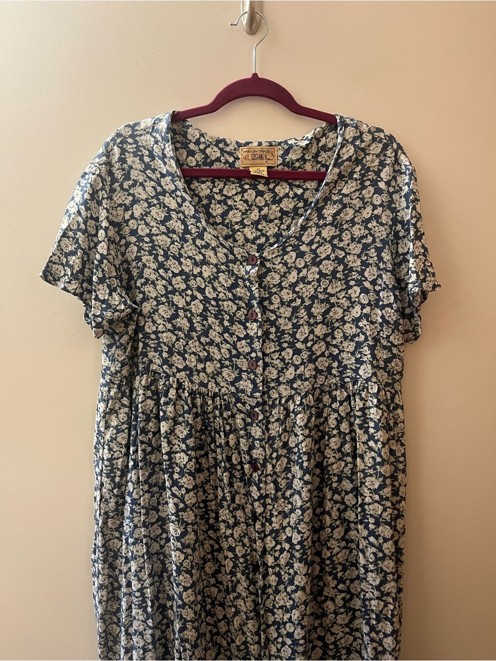 VTG Blue Floral Rayon Button-Front Maxi Dress